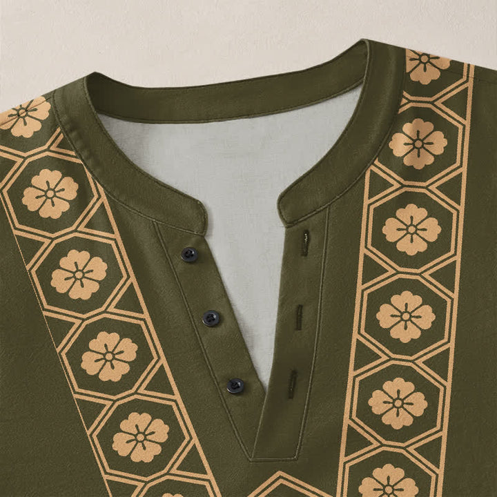 Buddha Stones Camisas de manga larga para hombre de algodón con cuello en V, estampado de cuadrícula floral étnica y botones. - image 18