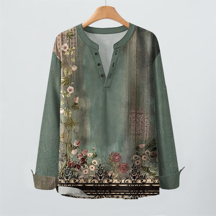 Buddha Stones Camisas de manga larga para hombre de algodón con cuello en V, estampado floral vintage y botones. - image 2