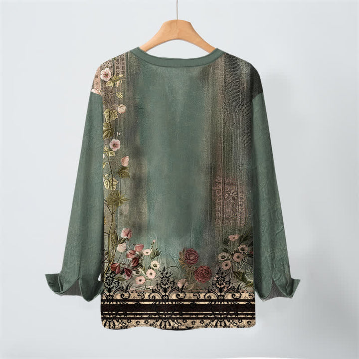 Buddha Stones Camisas de manga larga para hombre de algodón con cuello en V, estampado floral vintage y botones. - image 3