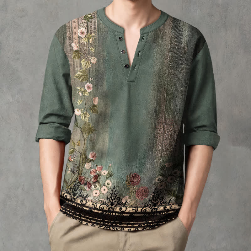 Buddha Stones Camisas de manga larga para hombre de algodón con cuello en V, estampado floral vintage y botones. - image 1