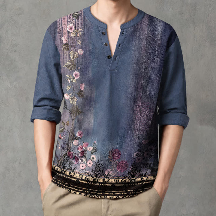 Buddha Stones Camisas de manga larga para hombre de algodón con cuello en V, estampado floral vintage y botones. - image 8