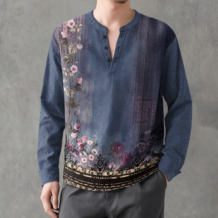 Buddha Stones Camisas de manga larga para hombre de algodón con cuello en V, estampado floral vintage y botones. - Azul acero - US/UK/AU48, UE58 (4XL) - image 7