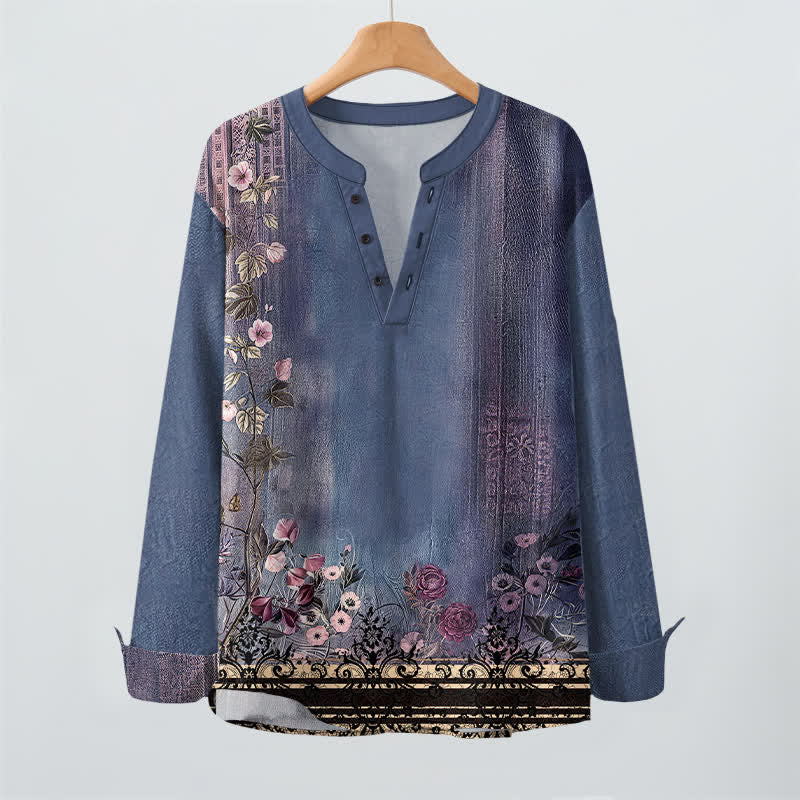 Buddha Stones Camisas de manga larga para hombre de algodón con cuello en V, estampado floral vintage y botones. - image 9