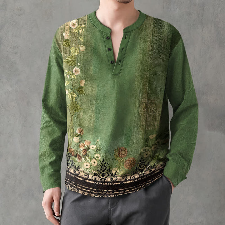 Buddha Stones Camisas de manga larga para hombre de algodón con cuello en V, estampado floral vintage y botones. - Verde bosque - US/UK/AU48, UE58 (4XL) - image 14