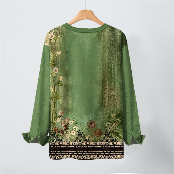 Buddha Stones Camisas de manga larga para hombre de algodón con cuello en V, estampado floral vintage y botones. - image 17