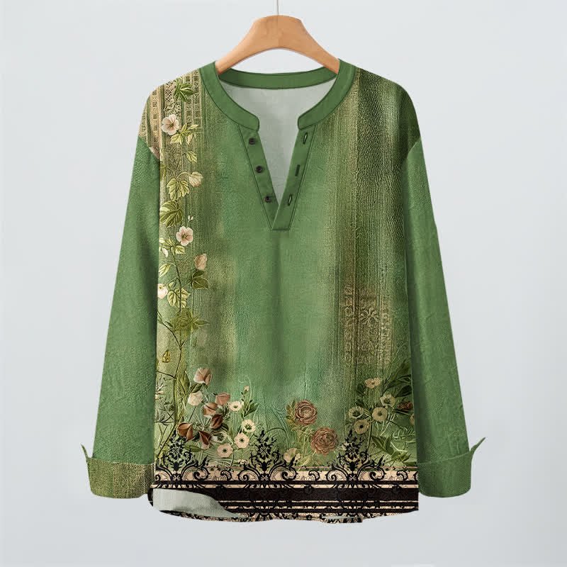 Buddha Stones Camisas de manga larga para hombre de algodón con cuello en V, estampado floral vintage y botones. - image 16