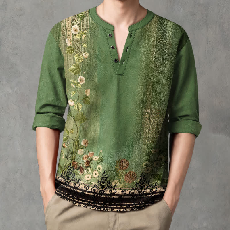 Buddha Stones Camisas de manga larga para hombre de algodón con cuello en V, estampado floral vintage y botones. - image 15
