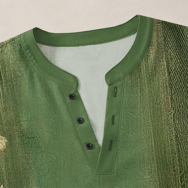 Buddha Stones Camisas de manga larga para hombre de algodón con cuello en V, estampado floral vintage y botones. - image 18