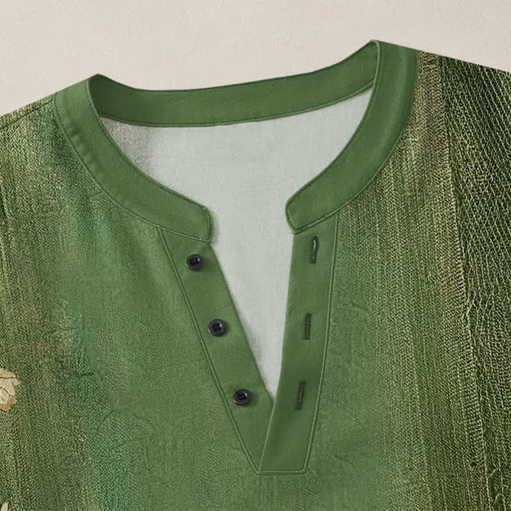 Buddha Stones Camisas de manga larga para hombre de algodón con cuello en V, estampado floral vintage y botones. - image 18