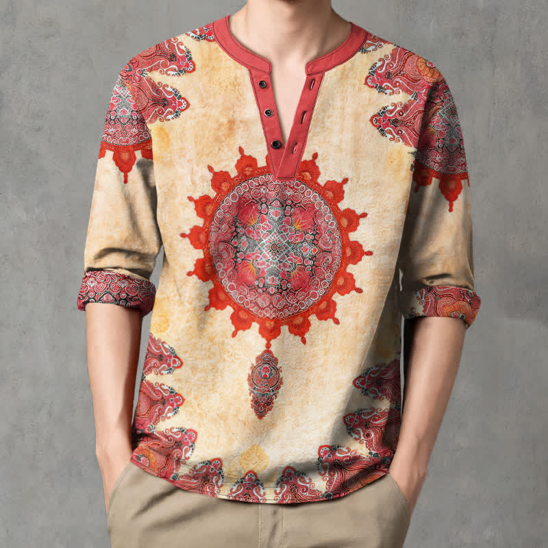 Buddha Stones Camisas de manga larga para hombre de algodón con estampado étnico de mandala paisley y cuello en V con botones. - Trigo - US/UK/AU48, UE58 (4XL) - image 0