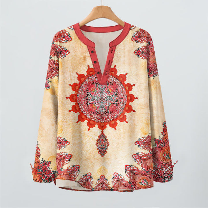 Buddha Stones Camisas de manga larga para hombre de algodón con estampado étnico de mandala paisley y cuello en V con botones. - image 2