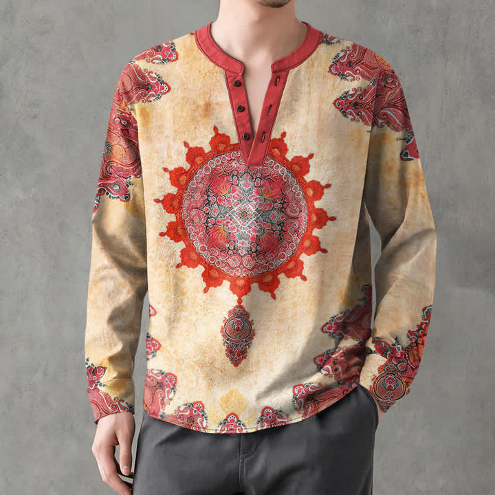 Buddha Stones Camisas de manga larga para hombre de algodón con estampado étnico de mandala paisley y cuello en V con botones. - image 1