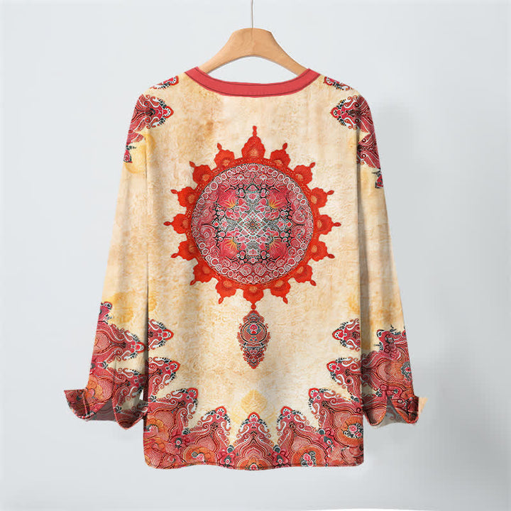 Buddha Stones Camisas de manga larga para hombre de algodón con estampado étnico de mandala paisley y cuello en V con botones. - image 3