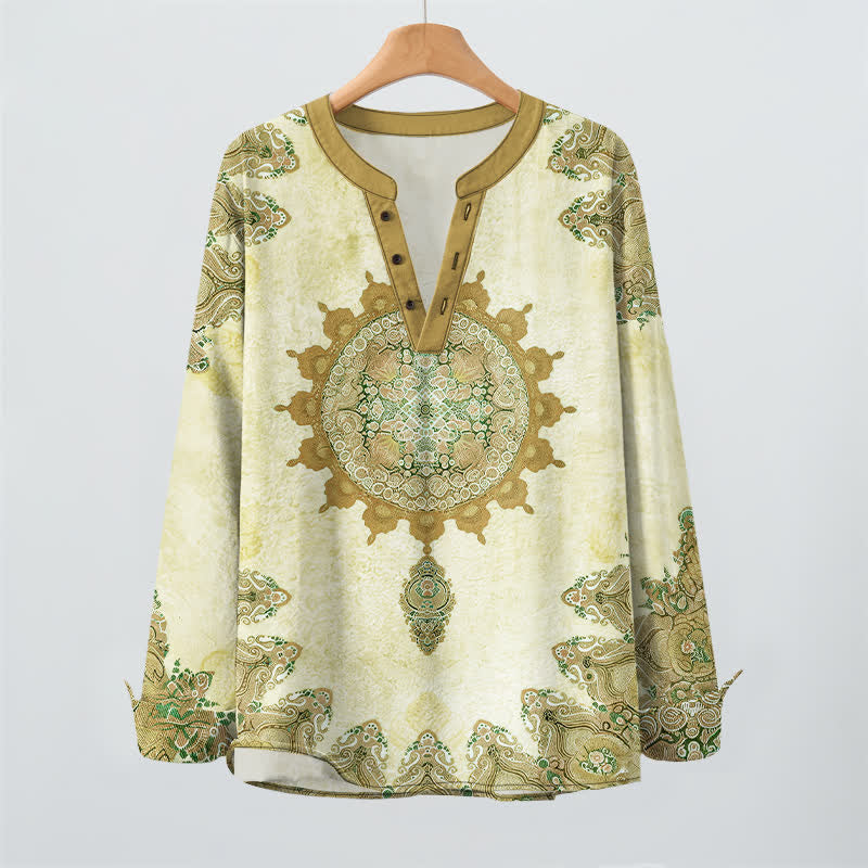 Buddha Stones Camisas de manga larga para hombre de algodón con estampado étnico de mandala paisley y cuello en V con botones. - image 9