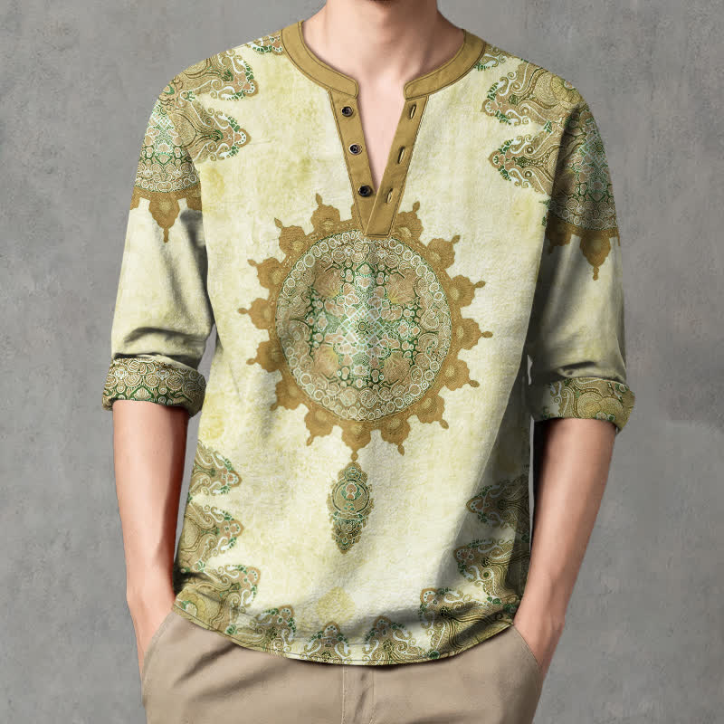 Buddha Stones Camisas de manga larga para hombre de algodón con estampado étnico de mandala paisley y cuello en V con botones. - Gotas de miel - US/UK/AU48, UE58 (4XL) - image 7