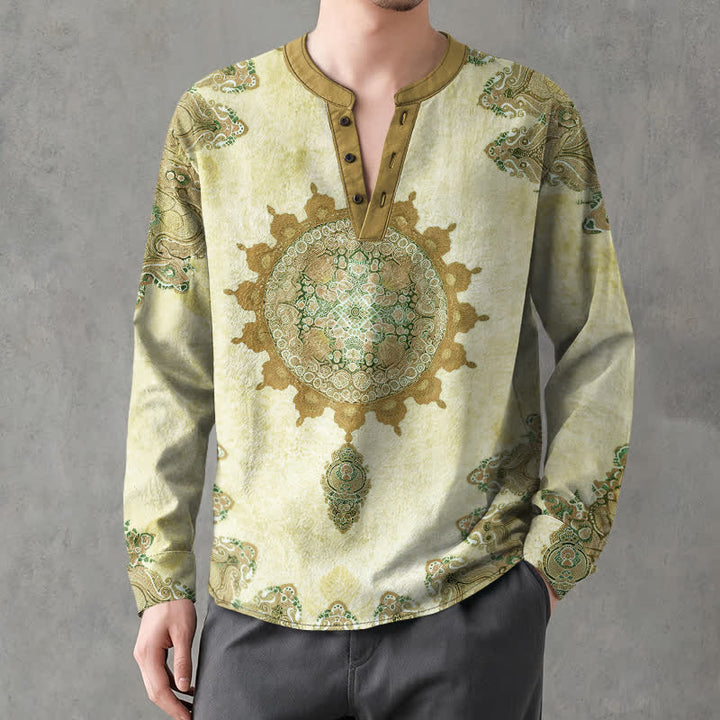 Buddha Stones Camisas de manga larga para hombre de algodón con estampado étnico de mandala paisley y cuello en V con botones. - image 8