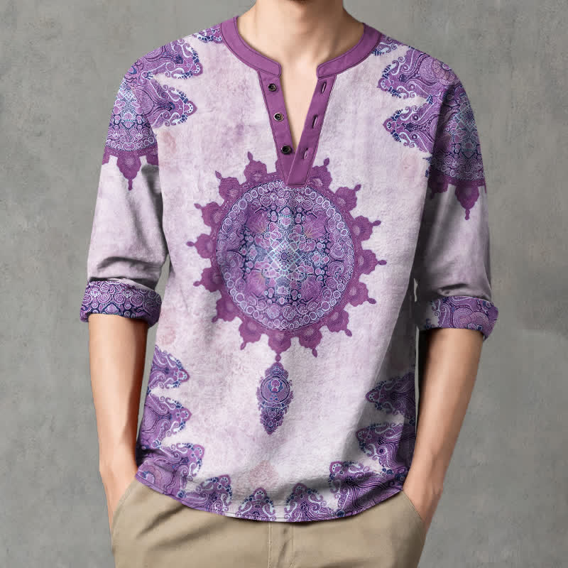 Buddha Stones Camisas de manga larga para hombre de algodón con estampado étnico de mandala paisley y cuello en V con botones. - Lavanda - US/UK/AU48, UE58 (4XL) - image 14
