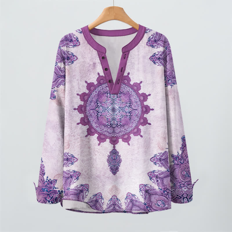 Buddha Stones Camisas de manga larga para hombre de algodón con estampado étnico de mandala paisley y cuello en V con botones. - image 16