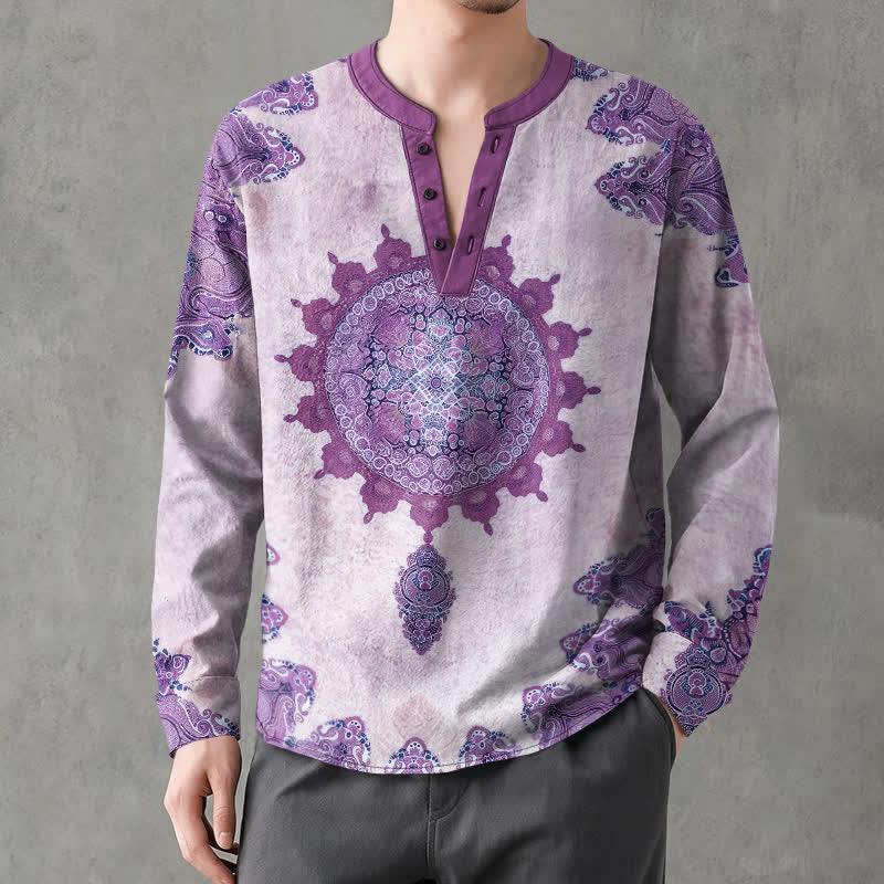 Buddha Stones Camisas de manga larga para hombre de algodón con estampado étnico de mandala paisley y cuello en V con botones. - image 15