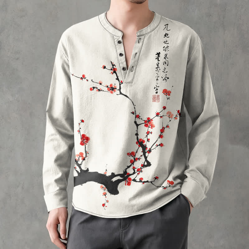 Buddha Stones Camisas de manga larga para hombre con cuello en V y botones, con estampado de flores de ciruelo rojas y tinta de algodón. - Lino - US/UK/AU48, UE58 (4XL) - image 0