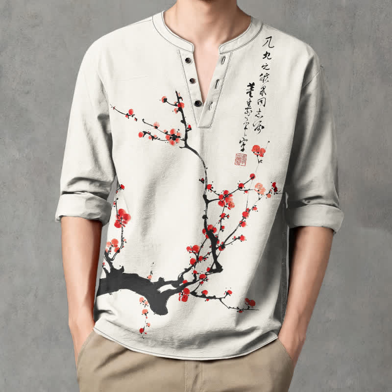 Buddha Stones Camisas de manga larga para hombre con cuello en V y botones, con estampado de flores de ciruelo rojas y tinta de algodón. - image 1