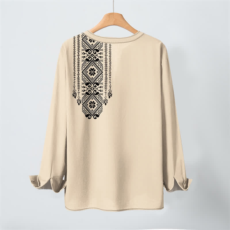 Buddha Stones Camisas de manga larga para hombre de algodón con cuello en V, estampado geométrico cuadrado estilo bohemio y botones. - image 3