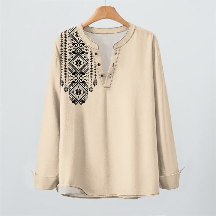 Buddha Stones Camisas de manga larga para hombre de algodón con cuello en V, estampado geométrico cuadrado estilo bohemio y botones. - image 2
