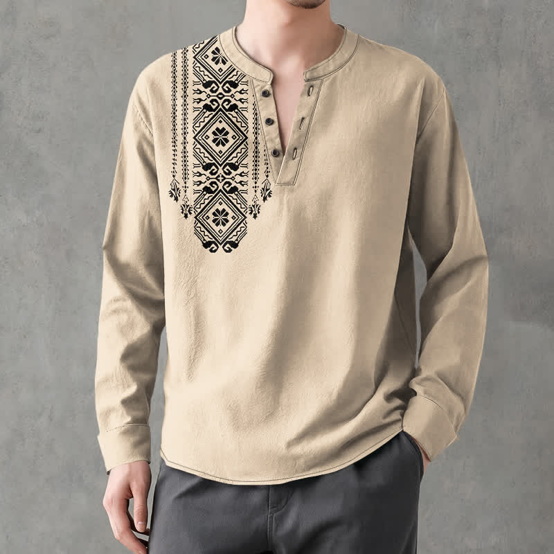 Buddha Stones Camisas de manga larga para hombre de algodón con cuello en V, estampado geométrico cuadrado estilo bohemio y botones. - image 1
