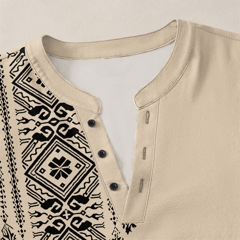 Buddha Stones Camisas de manga larga para hombre de algodón con cuello en V, estampado geométrico cuadrado estilo bohemio y botones. - image 4