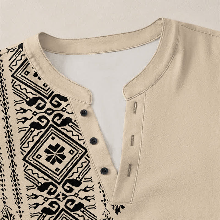 Buddha Stones Camisas de manga larga para hombre de algodón con cuello en V, estampado geométrico cuadrado estilo bohemio y botones. - image 4