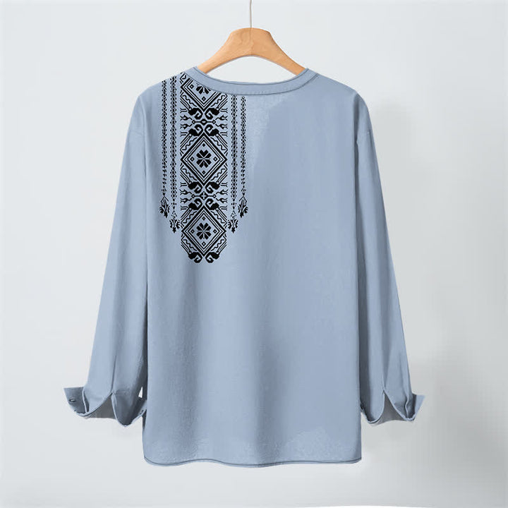 Buddha Stones Camisas de manga larga para hombre de algodón con cuello en V, estampado geométrico cuadrado estilo bohemio y botones. - image 10