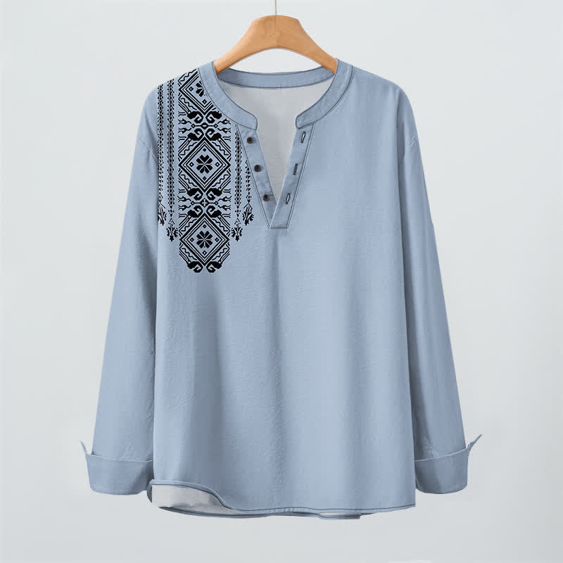 Buddha Stones Camisas de manga larga para hombre de algodón con cuello en V, estampado geométrico cuadrado estilo bohemio y botones. - image 9