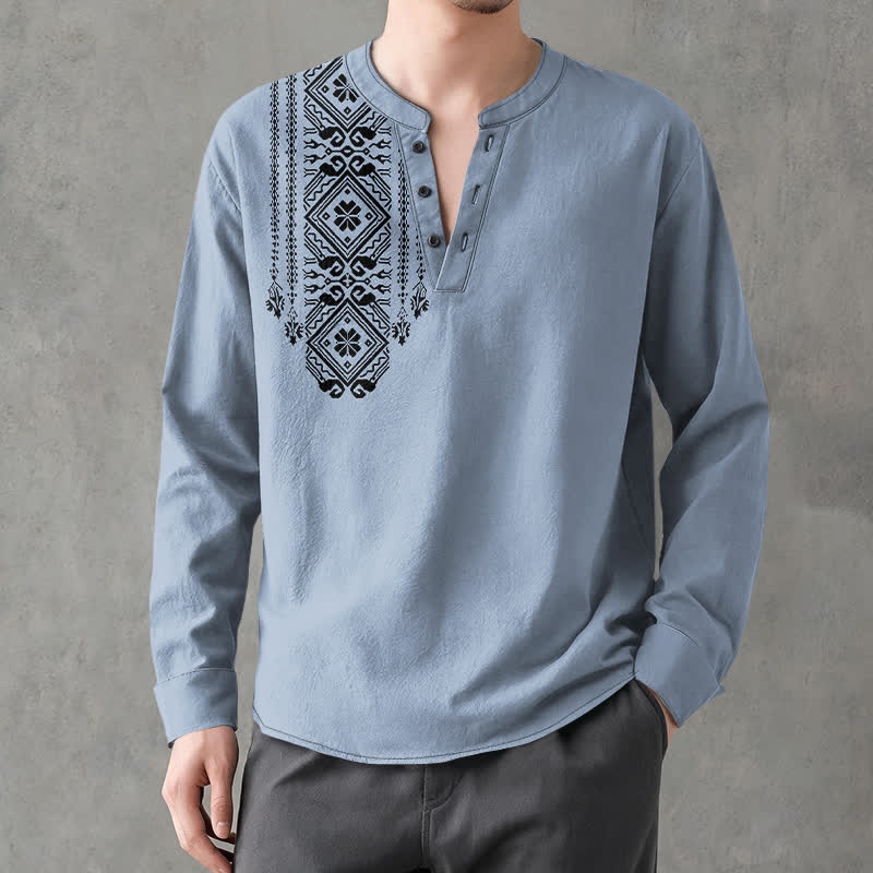 Buddha Stones Camisas de manga larga para hombre de algodón con cuello en V, estampado geométrico cuadrado estilo bohemio y botones. - image 8