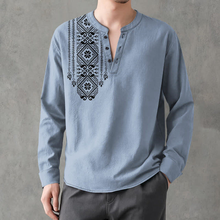 Buddha Stones Camisas de manga larga para hombre de algodón con cuello en V, estampado geométrico cuadrado estilo bohemio y botones. - image 8