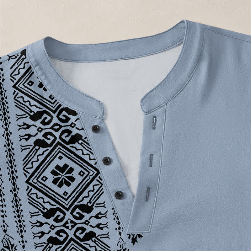 Buddha Stones Camisas de manga larga para hombre de algodón con cuello en V, estampado geométrico cuadrado estilo bohemio y botones. - image 11