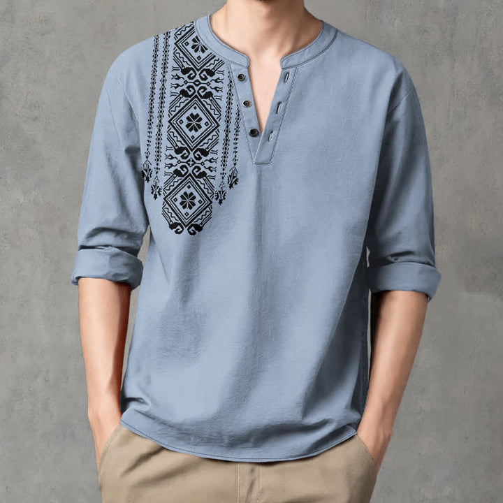 Buddha Stones Camisas de manga larga para hombre de algodón con cuello en V, estampado geométrico cuadrado estilo bohemio y botones. - Azul acero claro - US/UK/AU48, UE58 (4XL) - image 7