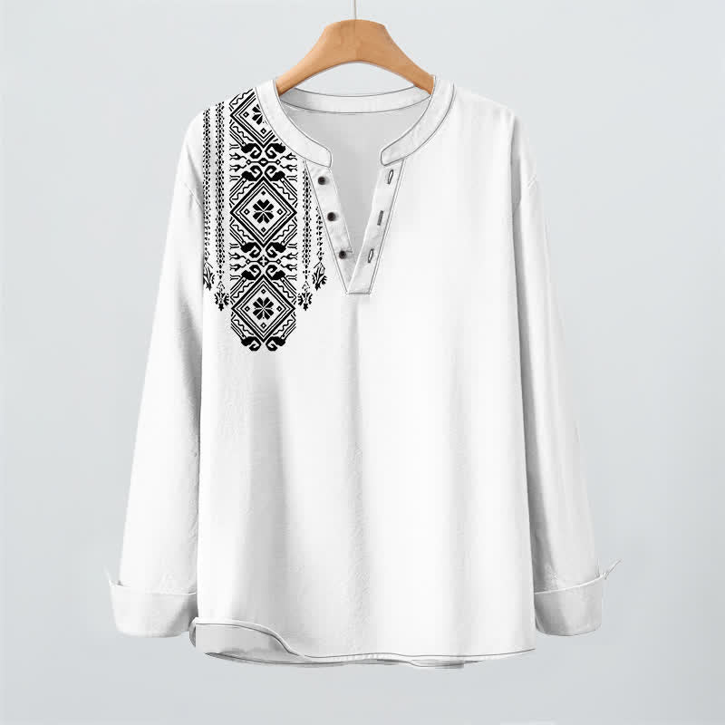 Buddha Stones Camisas de manga larga para hombre de algodón con cuello en V, estampado geométrico cuadrado estilo bohemio y botones. - image 16