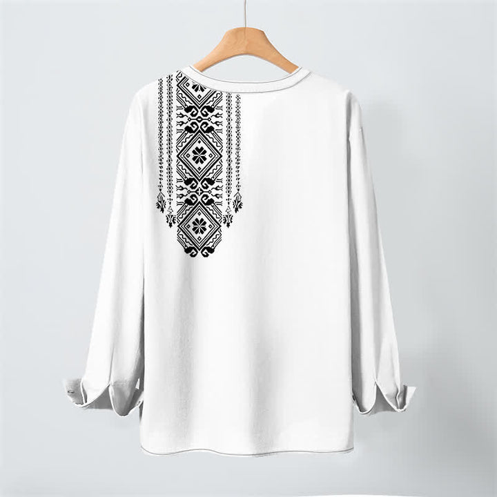 Buddha Stones Camisas de manga larga para hombre de algodón con cuello en V, estampado geométrico cuadrado estilo bohemio y botones. - image 17