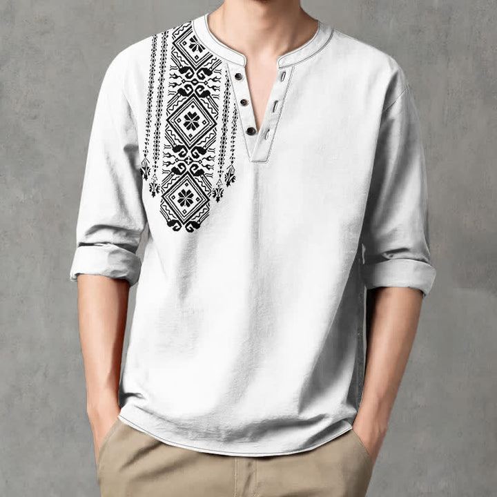 Buddha Stones Camisas de manga larga para hombre de algodón con cuello en V, estampado geométrico cuadrado estilo bohemio y botones. - Blanco - US/UK/AU48, UE58 (4XL) - image 14