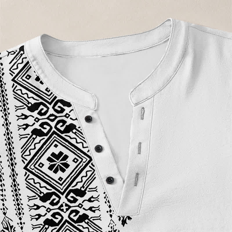 Buddha Stones Camisas de manga larga para hombre de algodón con cuello en V, estampado geométrico cuadrado estilo bohemio y botones. - image 18