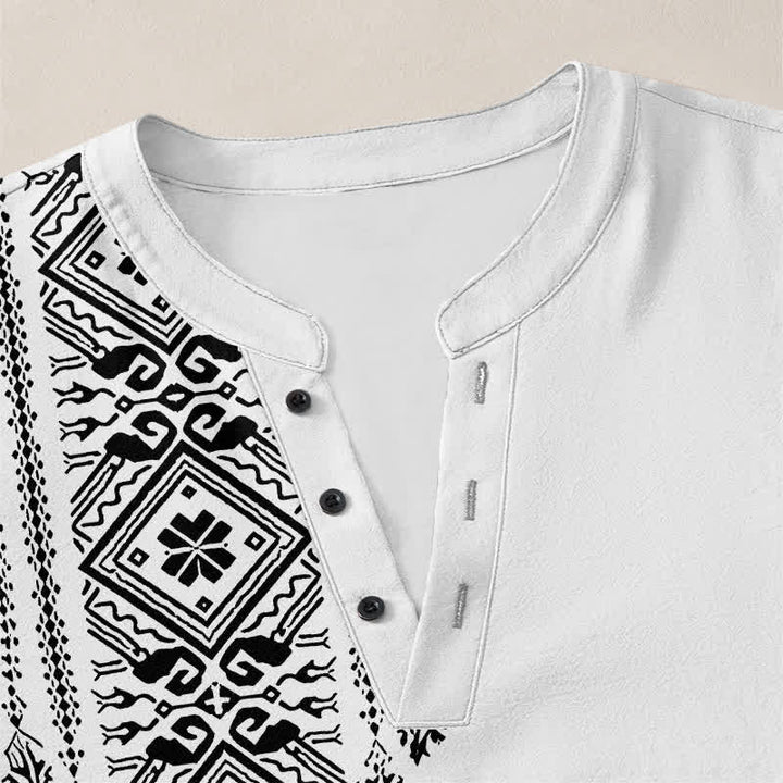 Buddha Stones Camisas de manga larga para hombre de algodón con cuello en V, estampado geométrico cuadrado estilo bohemio y botones. - image 18