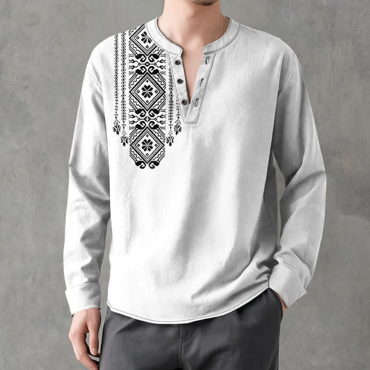 Buddha Stones Camisas de manga larga para hombre de algodón con cuello en V, estampado geométrico cuadrado estilo bohemio y botones. - image 15