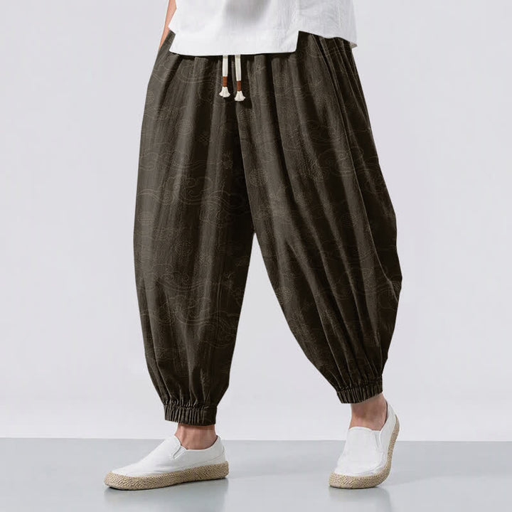 Buddha Stones Pantalones harem para hombre de algodón puro con estampado tradicional de medallón de nube, cordón ajustable y bolsillos. - Marrón silla de montar - US/UK/AU50, EU60 (5XL) - image 0