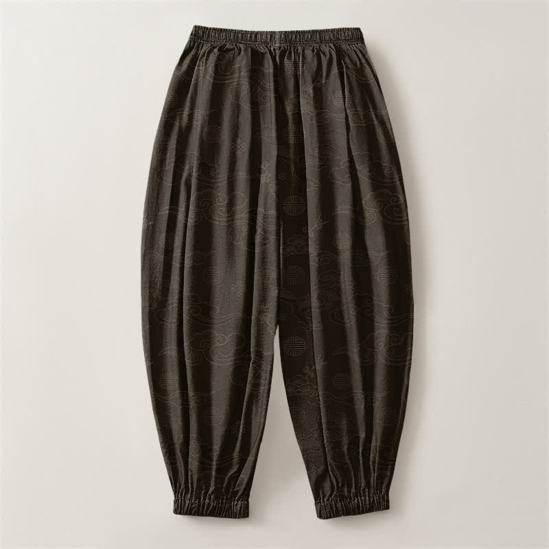 Buddha Stones Pantalones harem para hombre de algodón puro con estampado tradicional de medallón de nube, cordón ajustable y bolsillos. - image 2