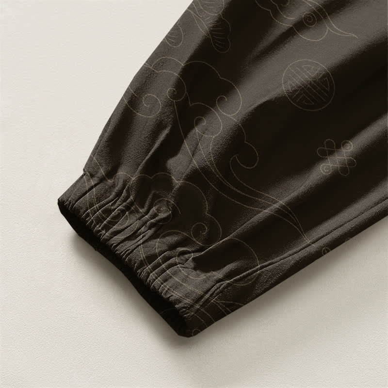 Buddha Stones Pantalones harem para hombre de algodón puro con estampado tradicional de medallón de nube, cordón ajustable y bolsillos. - image 4