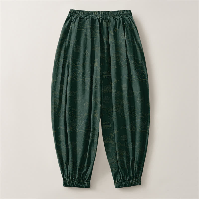 Buddha Stones Pantalones harem para hombre de algodón puro con estampado tradicional de medallón de nube, cordón ajustable y bolsillos. - image 8