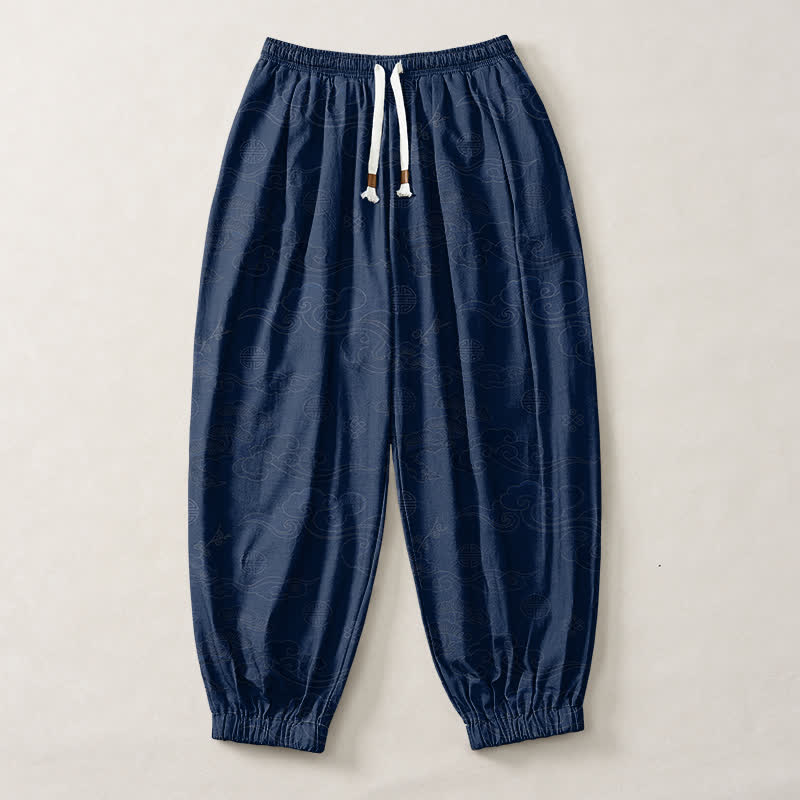 Buddha Stones Pantalones harem para hombre de algodón puro con estampado tradicional de medallón de nube, cordón ajustable y bolsillos. - image 13