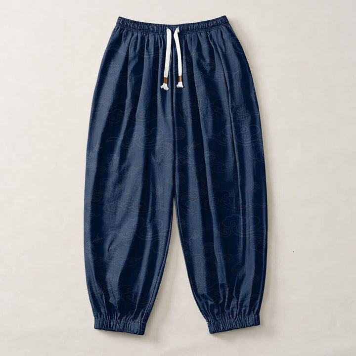 Buddha Stones Pantalones harem para hombre de algodón puro con estampado tradicional de medallón de nube, cordón ajustable y bolsillos. - image 13