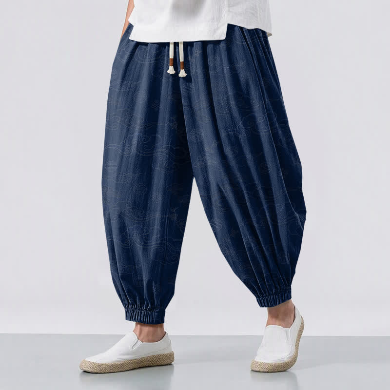 Buddha Stones Pantalones harem para hombre de algodón puro con estampado tradicional de medallón de nube, cordón ajustable y bolsillos. - Marina de guerra - US/UK/AU50, EU60 (5XL) - image 12