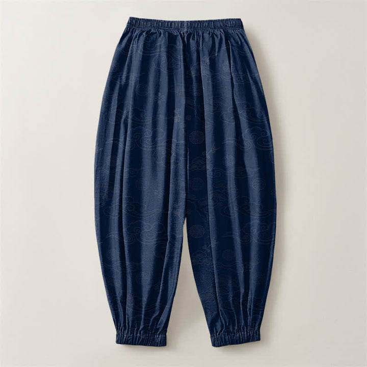 Buddha Stones Pantalones harem para hombre de algodón puro con estampado tradicional de medallón de nube, cordón ajustable y bolsillos. - image 14
